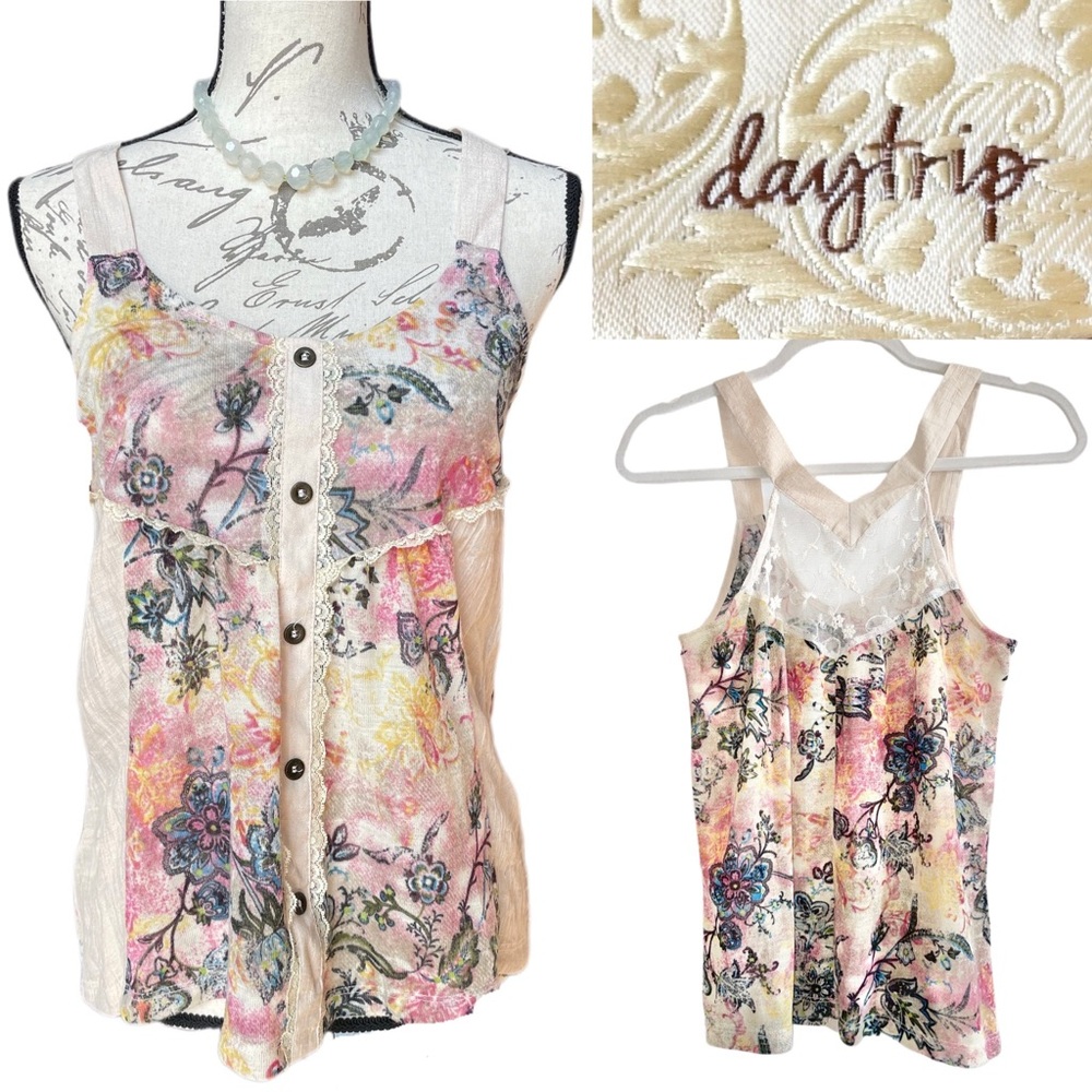 Daytrip Mixed Material Floral Sleeveless Cream Pink Tank Top y2k - M - Picture 2 of 12